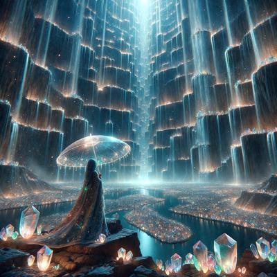 The primary subject of the image is a woman standing in front of a massive, futuristic building. The setting is a futuristic cityscape with a large, illuminated structure in the background. The visual style is digital art, creating a surreal and captivating atmosphere. The colors and mood are predominantly blue and purple, giving the scene a sense of mystery and wonder.
